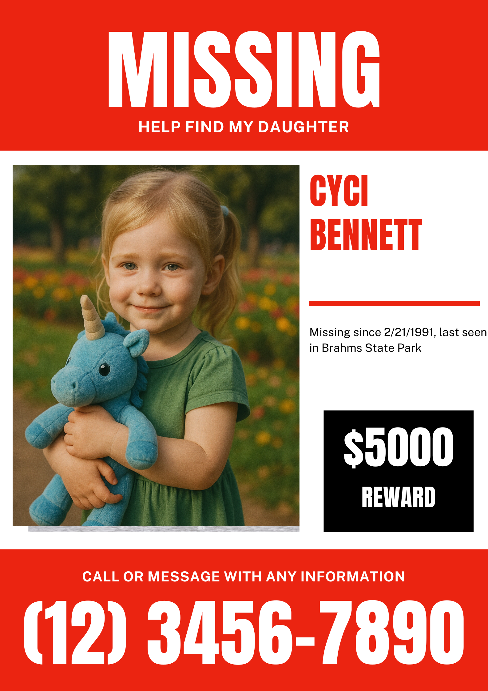 Cartaz de desaparecimento de Cicy Bennett.