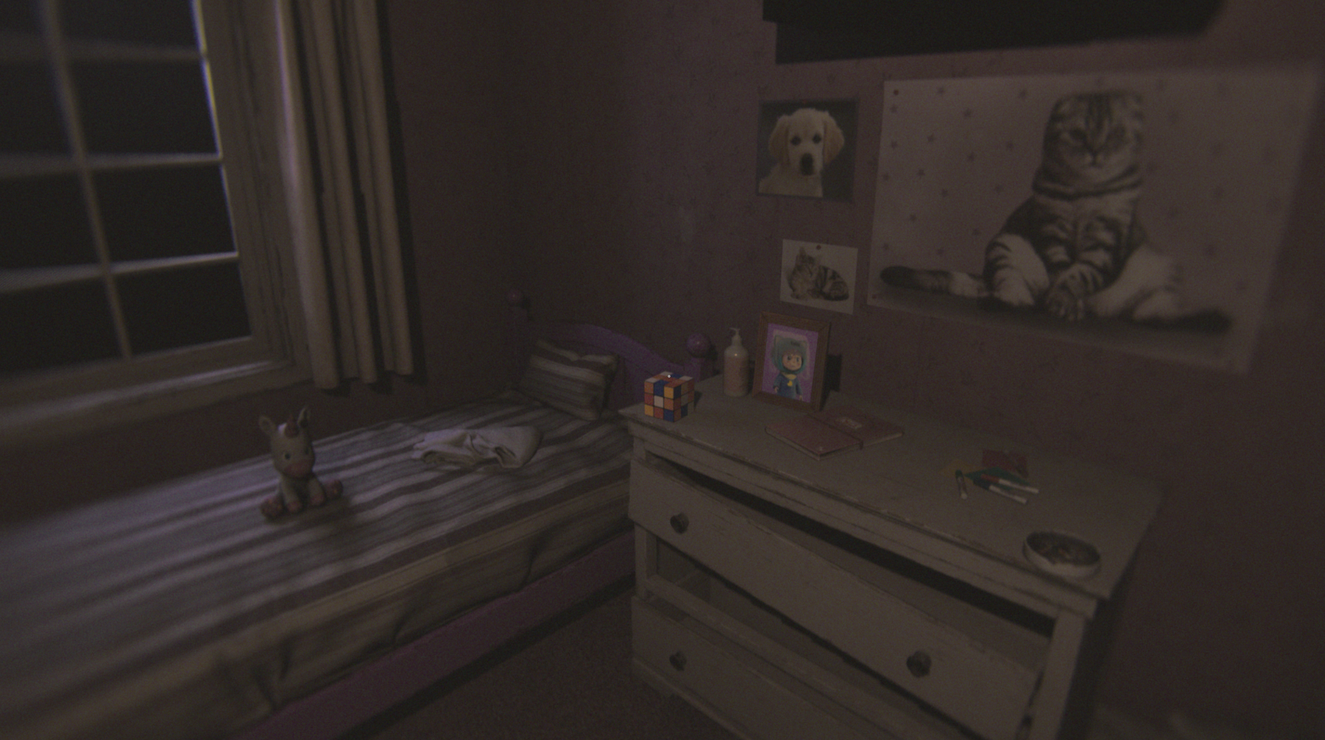 Quarto infantil deteriorado em tons frios.