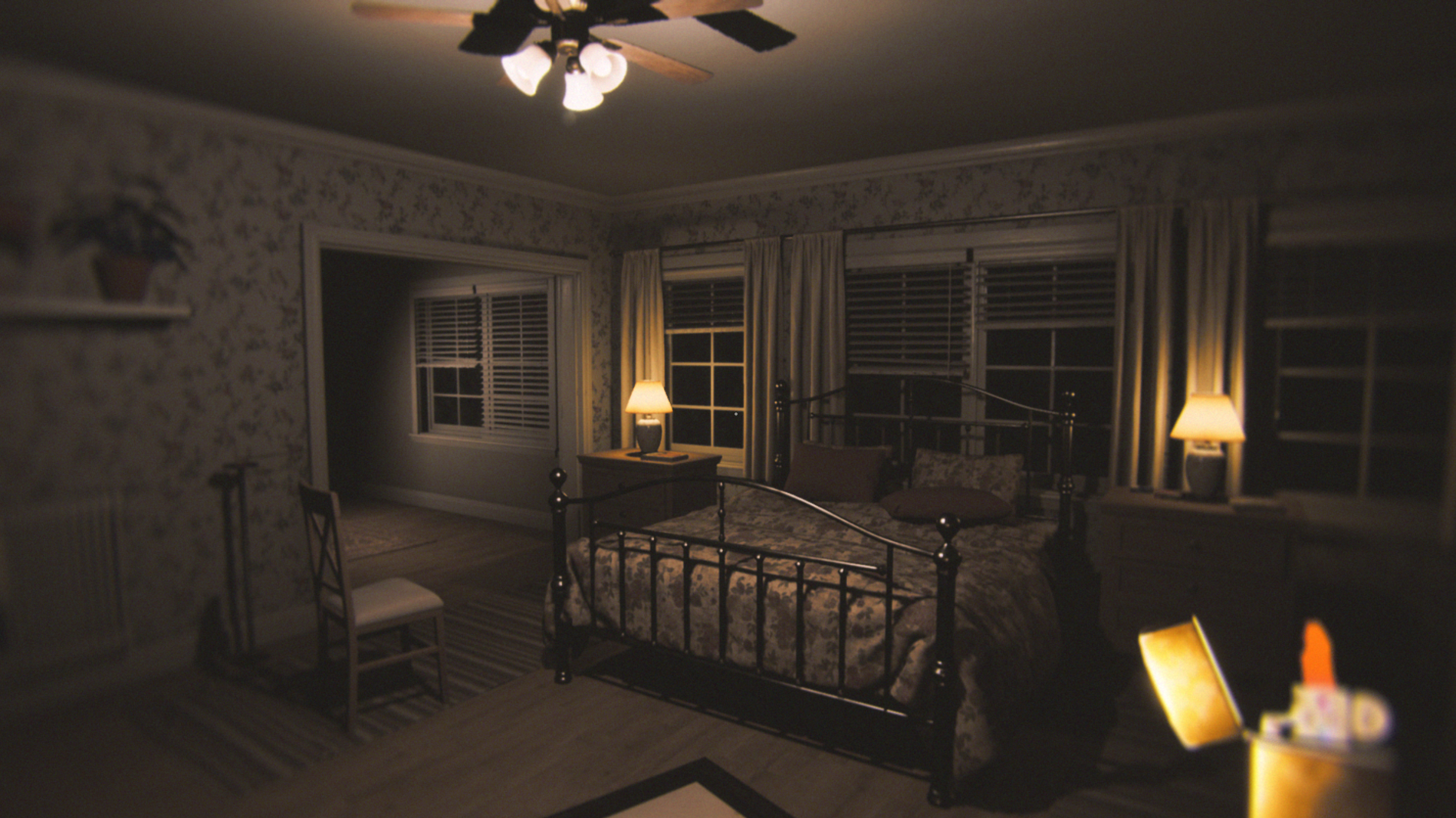 Quarto do casal na casa normal, iluminado por luz amarelada.